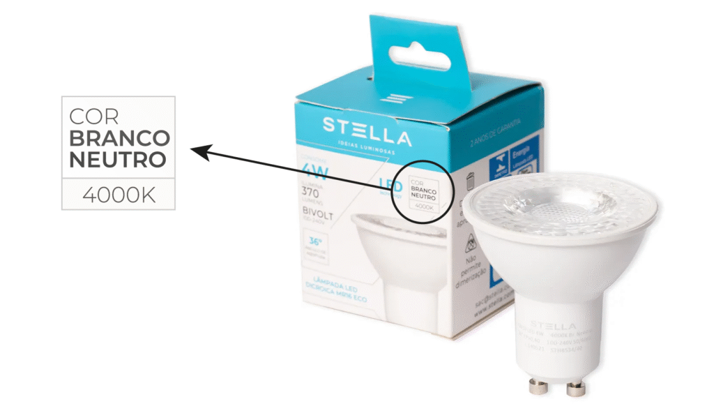 Embalagem de lampada Stella Iluminação com destaque para o selo de temperatura de cor 4000K